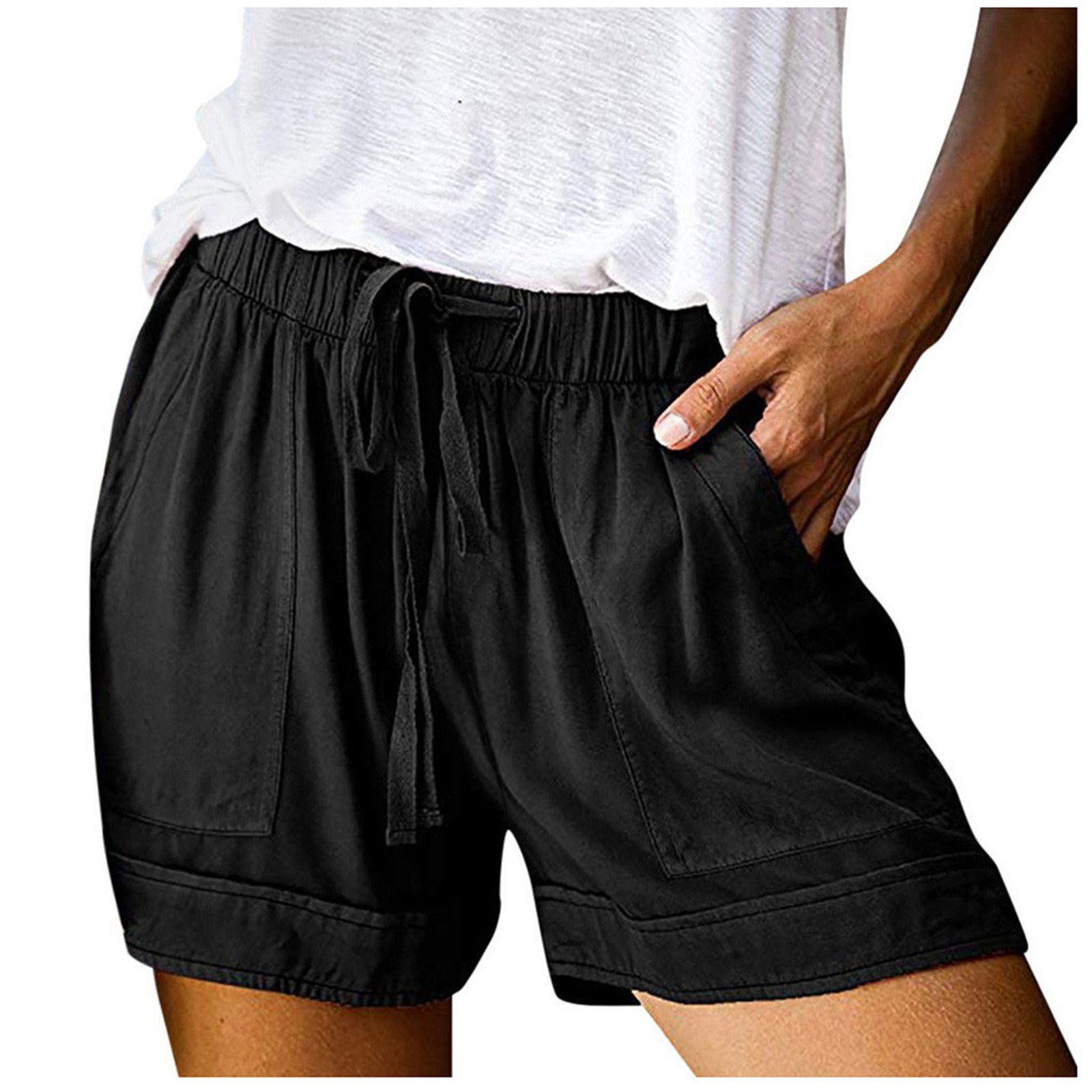 thumbnail image 2 of Pantalones cortos cómodos con cordón y cintura elástica para mujer - Pantalones holgados de color liso con bolsillos - Ropa informal de verano de poliéster, 2 of 8